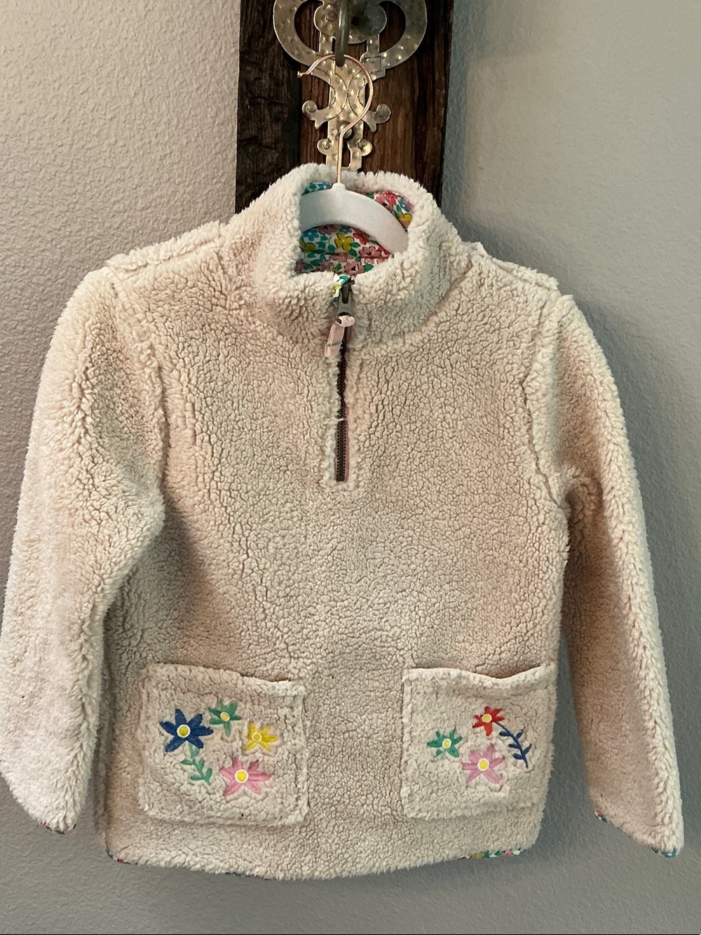 Mini Boden Cream Sherpa Half-Zip Pullover with Floral Pocket Embroidery